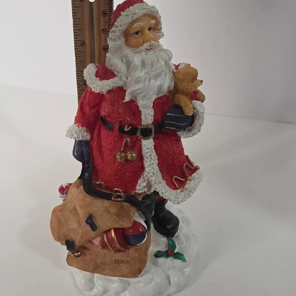 Santa Claus Teddy Bear Toy Sack Resin Christmas Figurine 6in Holiday Decor